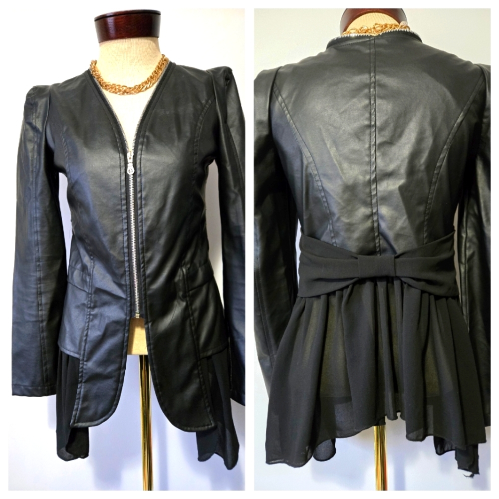 PURPLE Brand Faux Leather Jacket With Back Bow and Sheer Chiffon Bottom. Size Sm